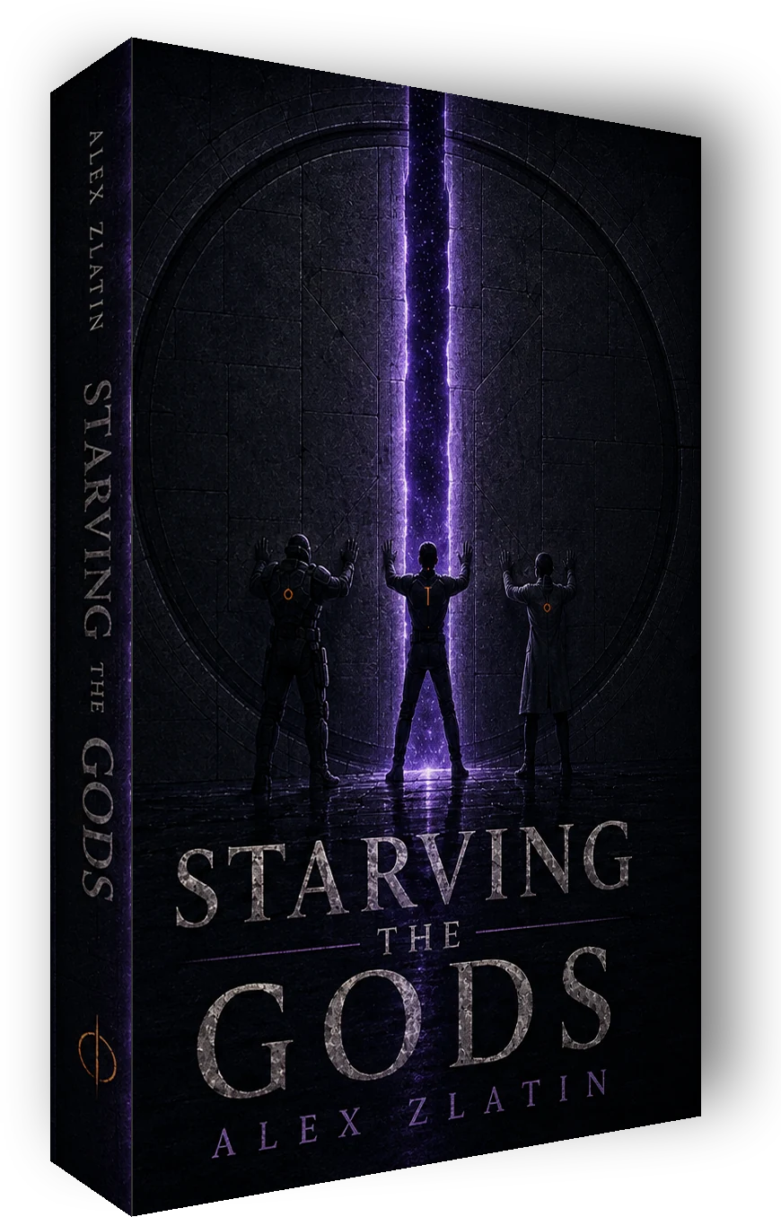Starving the Gods by Alex Zlatin. Three figures stand with their hands raised against a vast sealed door, split by a column of violet light.