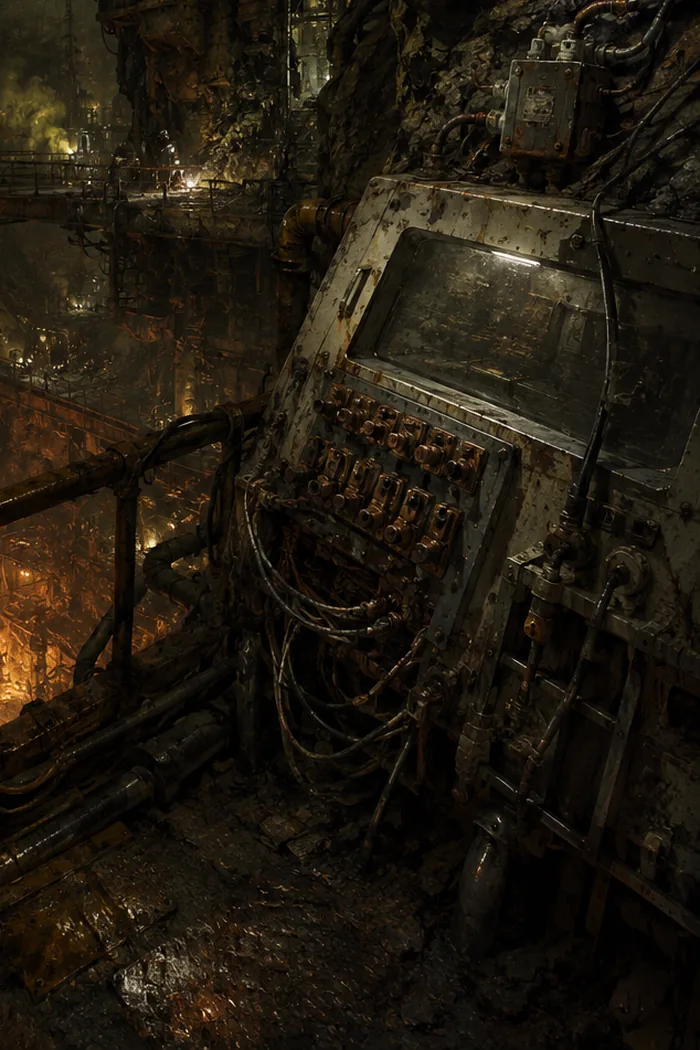 A jury-rigged control console in the Deepworks, its housing wired into a bank of physical toggle switches, the smelting pit burning below.