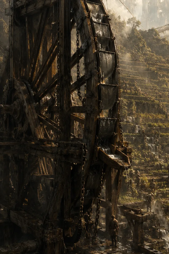 An enormous timber and iron water wheel driving irrigation on the terraces, chains and counterweights running off it, a single worker standing at its base.